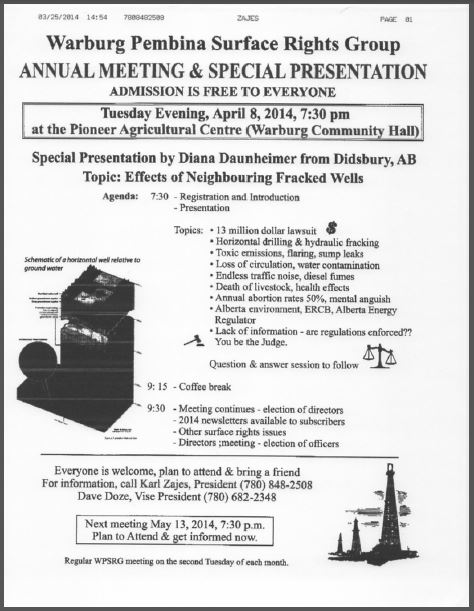 2014 04 08 Diana Daunheimer Special Presentation Hydraulic Fracturing Effects as Neighbour Warburg Pembina Surface Rights Group